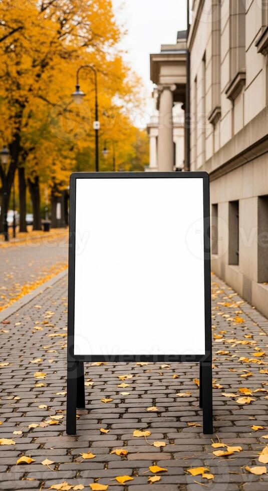 Blank sandwich board on cobblestone street with autumn leaves and classic architecture photo