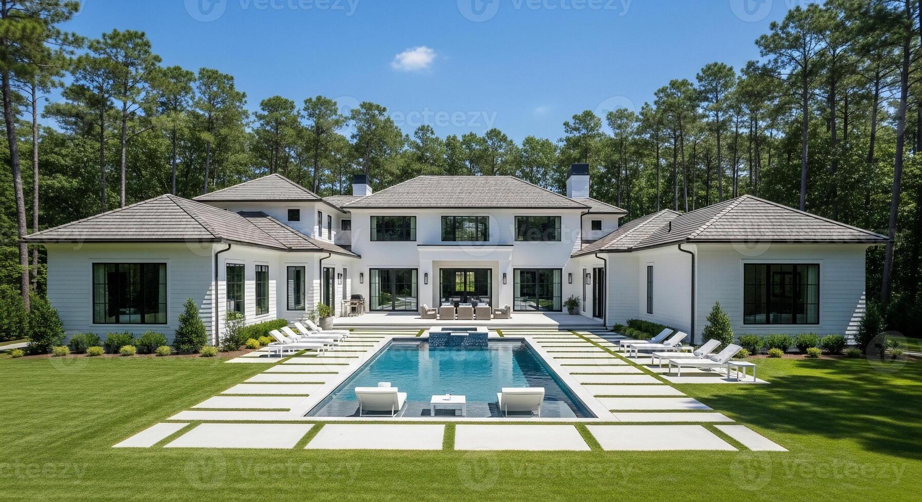 Luxurious Backyard Oasis with Modern Pool and Home photo