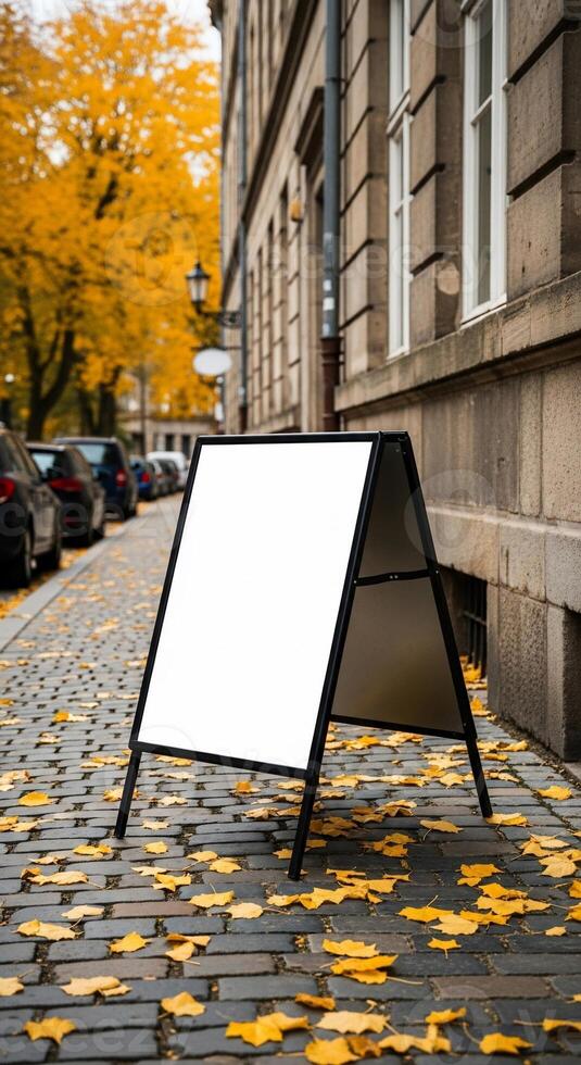 Blank A-Frame Sign on Cobblestone Street with Autumn Leaves and Building Facade photo