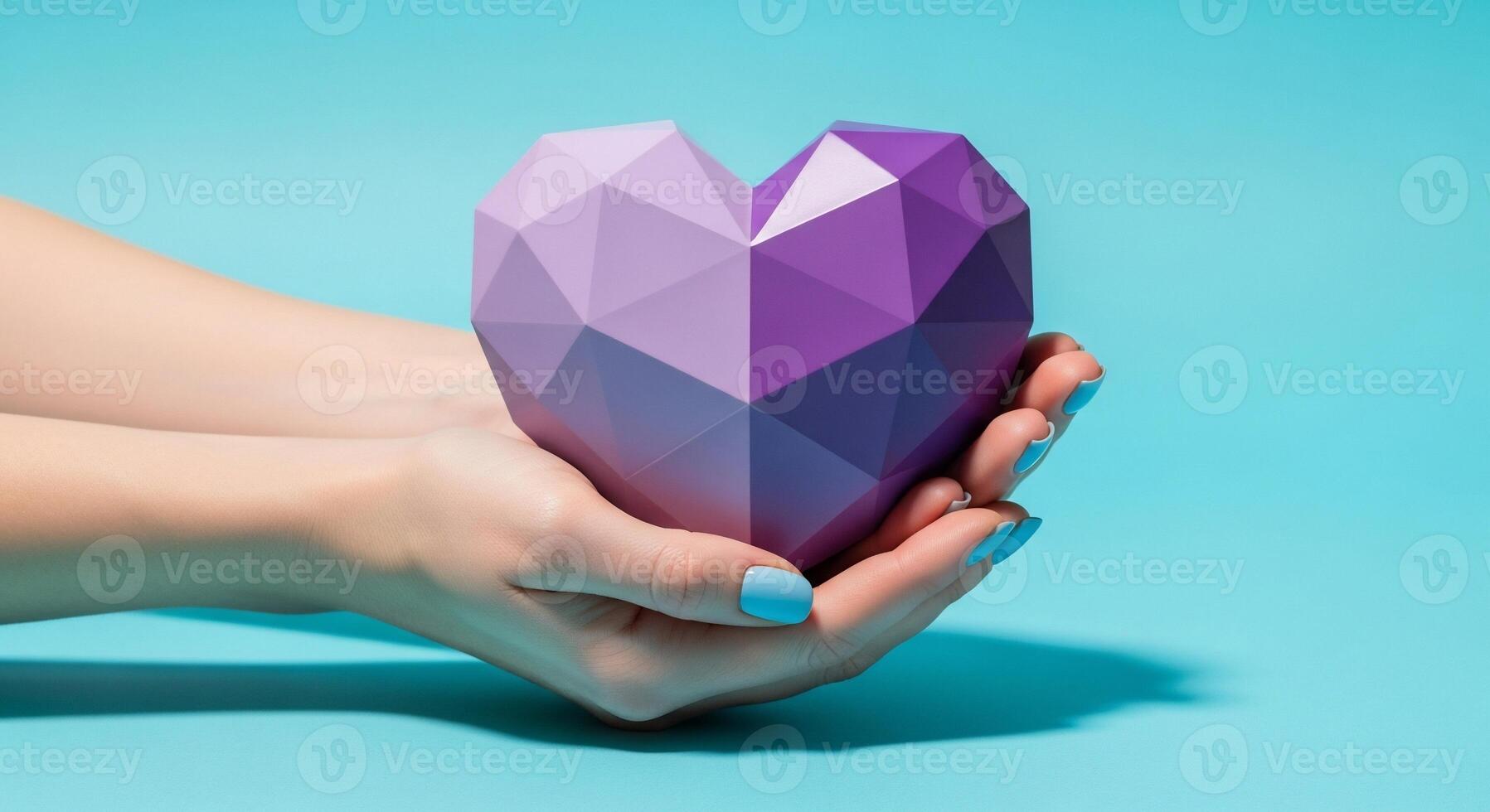 Faceted amethyst heart held gently in manicured hands against a teal backdrop. photo