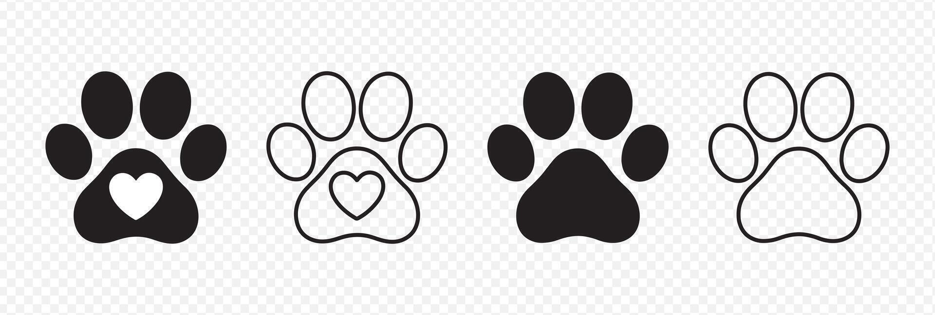 Set of 4 Paw Print Designs Featuring Heart-Shaped and Standard Footprint Icons for Pet-Themed Graphics, Logos, and Decorations vector