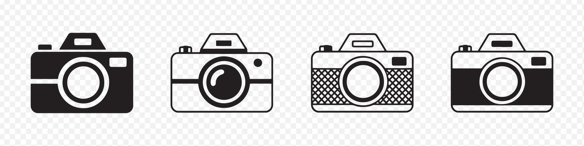 Set of 4 Camera Icons in Black and White Featuring Classic and Modern Designs with Varying Lens and Body Styles for Photography, Media, and Digital Applications vector
