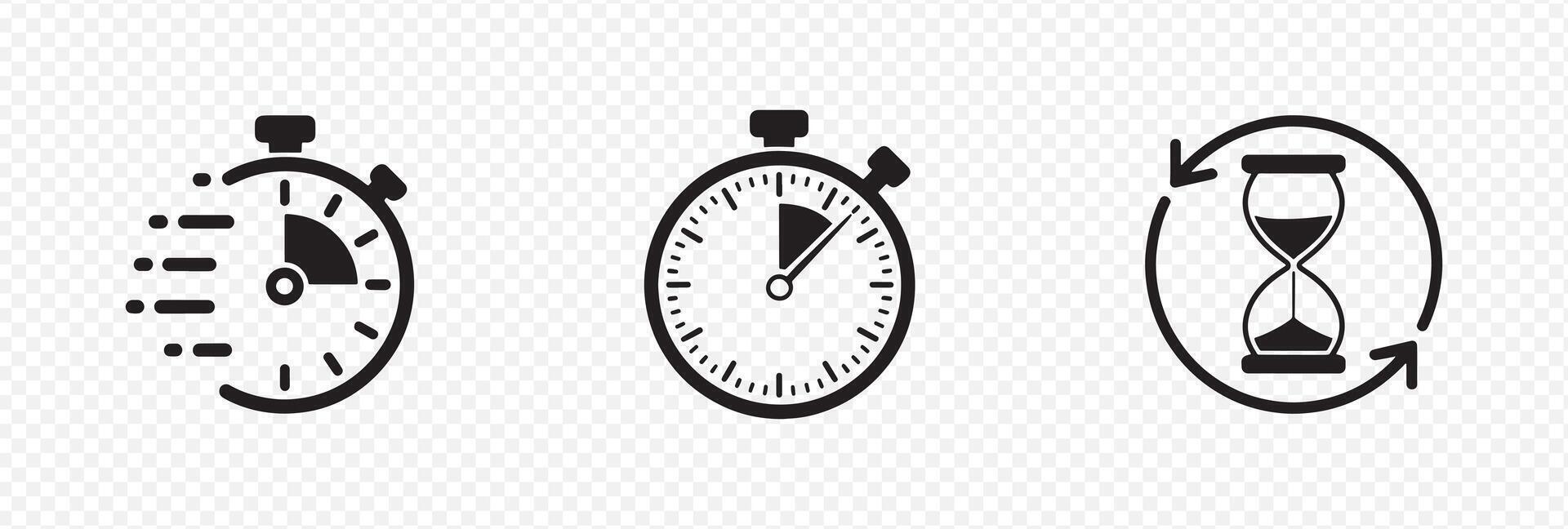 Set of 3 Timekeeping Icons Featuring Stopwatch, Hourglass, and Timer Representing Urgency, Time Management, and Countdown vector