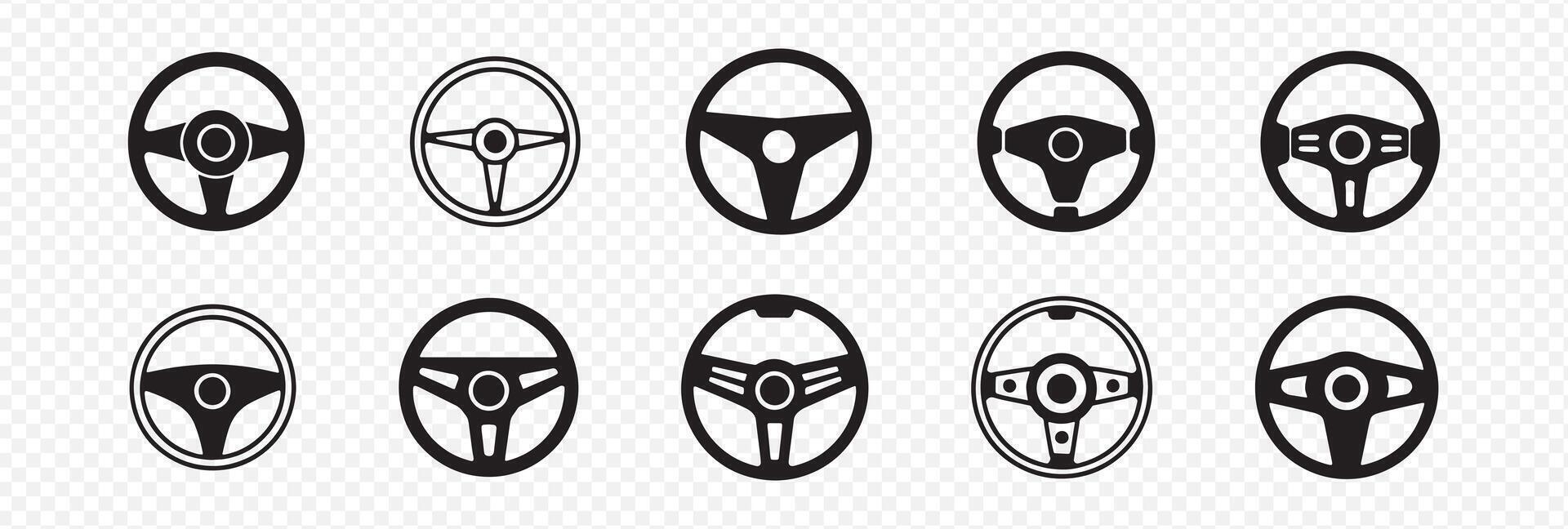 Set of 10 Steering Wheel Icons Featuring Various Spoke Designs, Central Hub Variations, and Unique Configurations for Automotive and UI Applications vector