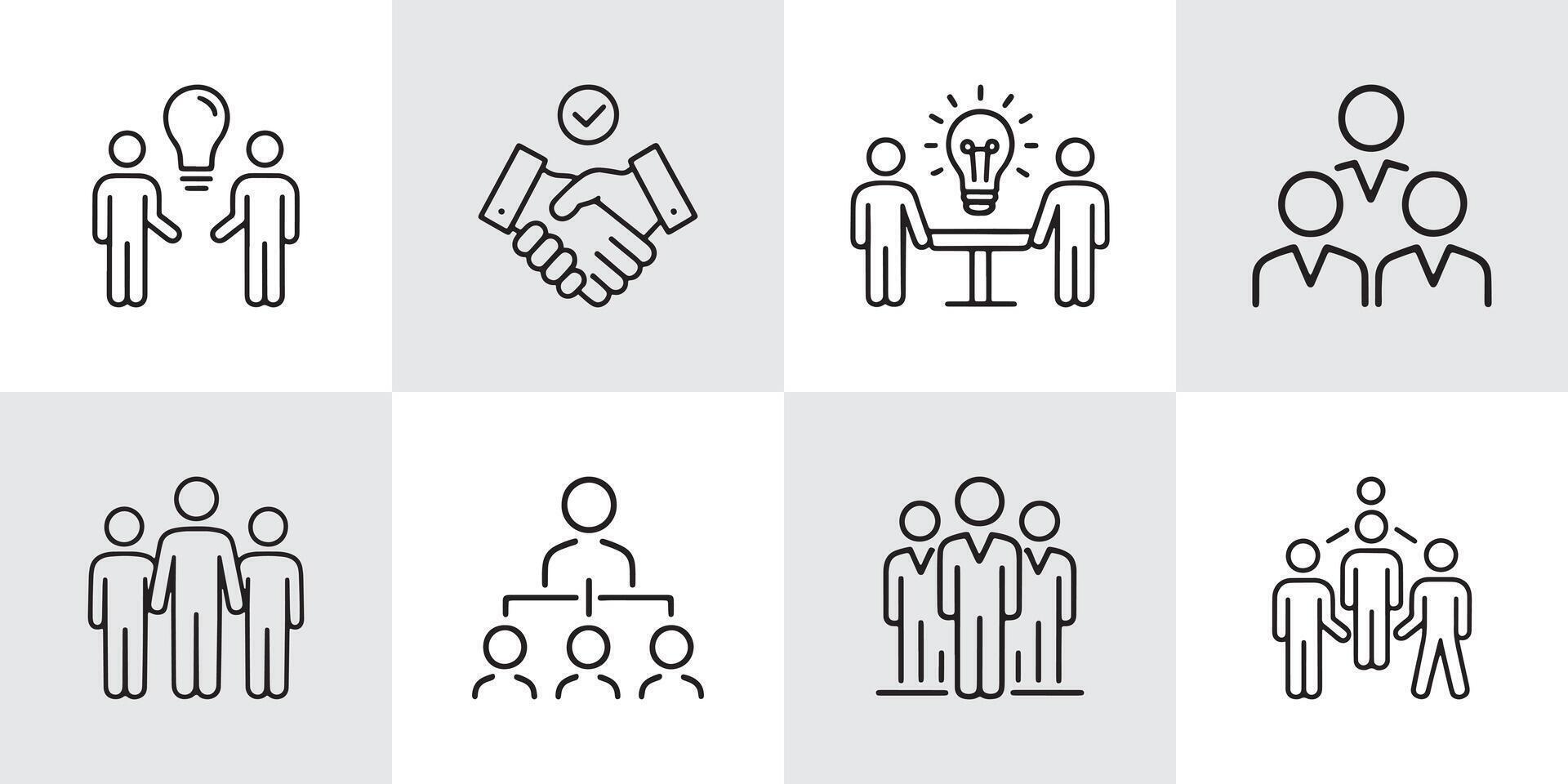 Set of 8 Teamwork and Collaboration Icons Representing Brainstorming, Leadership, Partnership, Group Meetings, Organizational Structure, and Team Unity vector