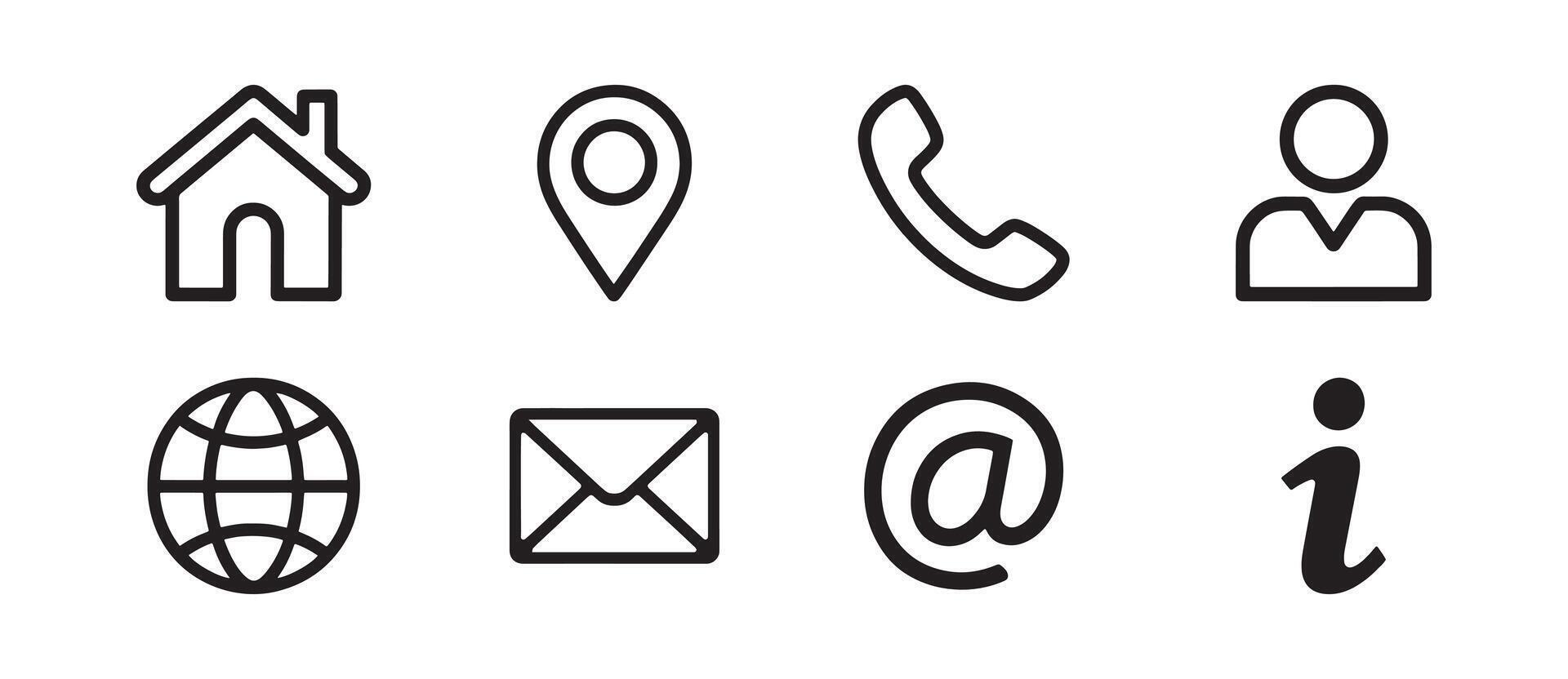 Business Icon Set Representing Company Connectivity with Name, Phone, Mobile, Location, Mail, Website, and Message Card Symbols for Digital Artwork Editable Illustration Isolated on a White Background vector