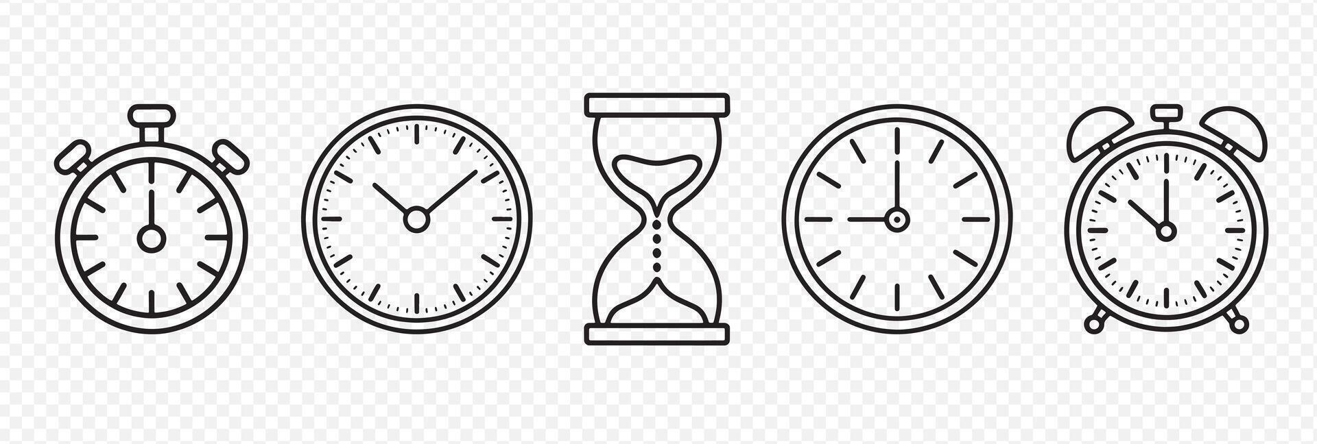 Set of 5 Timekeeping Device Icons Featuring Stopwatch, Clock, Hourglass, and Alarm Clock Representing Time Management and Scheduling vector