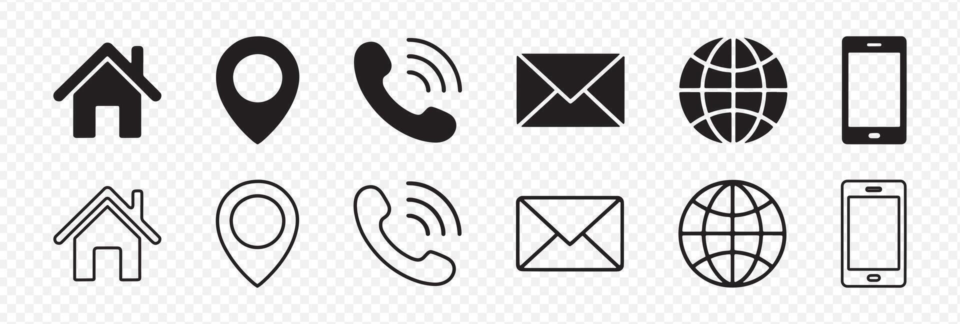 Set of 12 Contact and Navigation Icons Featuring Home, Location Pin, Phone, Envelope, Globe, and Smartphone in Solid and Outline Styles vector