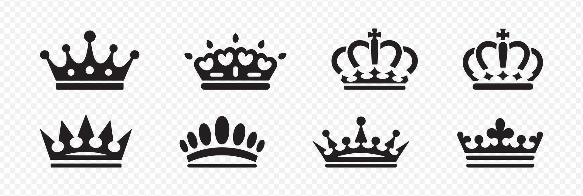 Set of 8 Black Crown Silhouettes Featuring Unique Shapes and Ornate Designs with Diamonds, Hearts, Crosses, and Circles for Royalty, Branding, vector