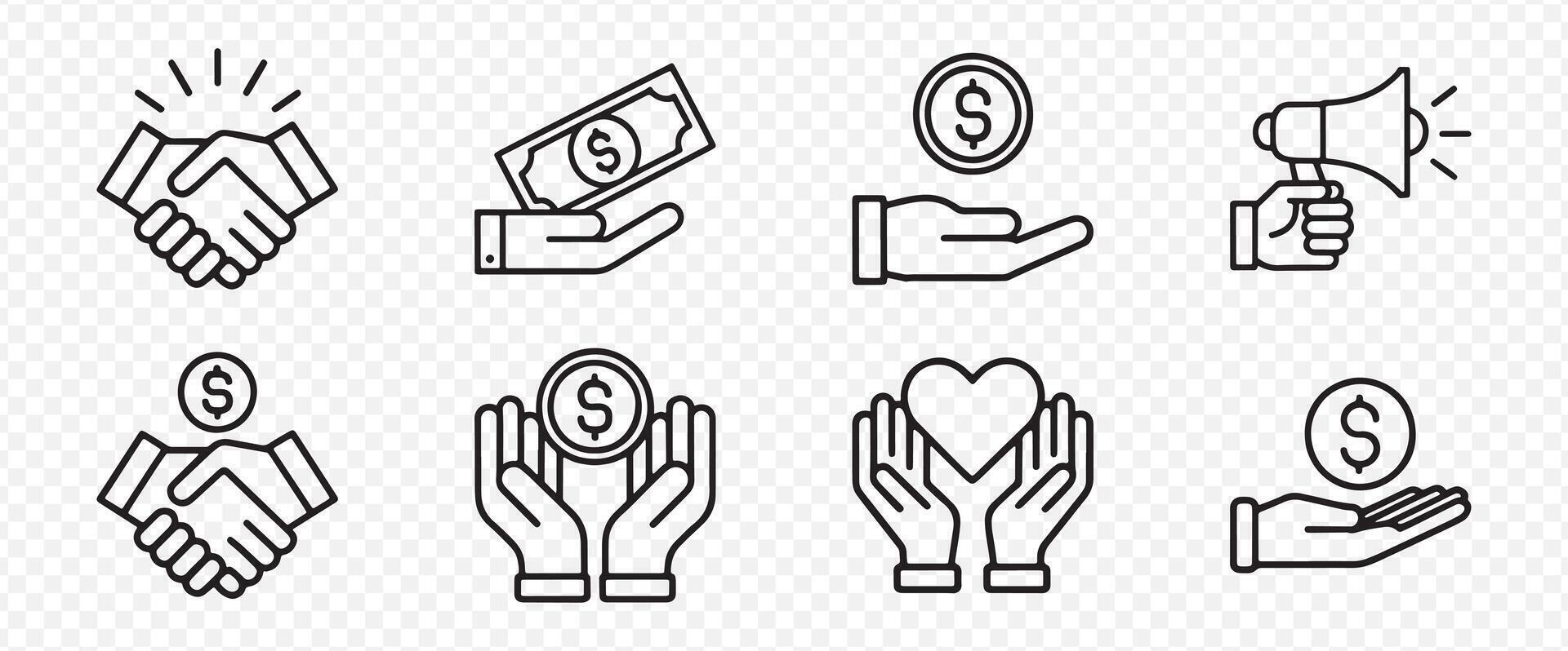 Set of 8 Money and Transaction Icons Representing Financial Deals, Donations, Investments, and Business Agreements vector