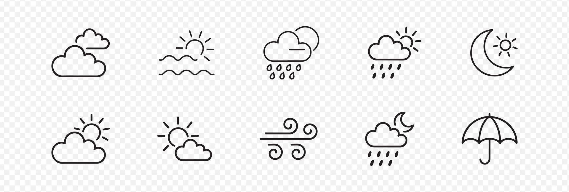 Set of 10 Weather Icons in a Minimalist Style Featuring Clouds, Rain, Sun, Moon, Wind, and an Umbrella Representing Various Forecast Conditions for Meteorology and UI Design vector