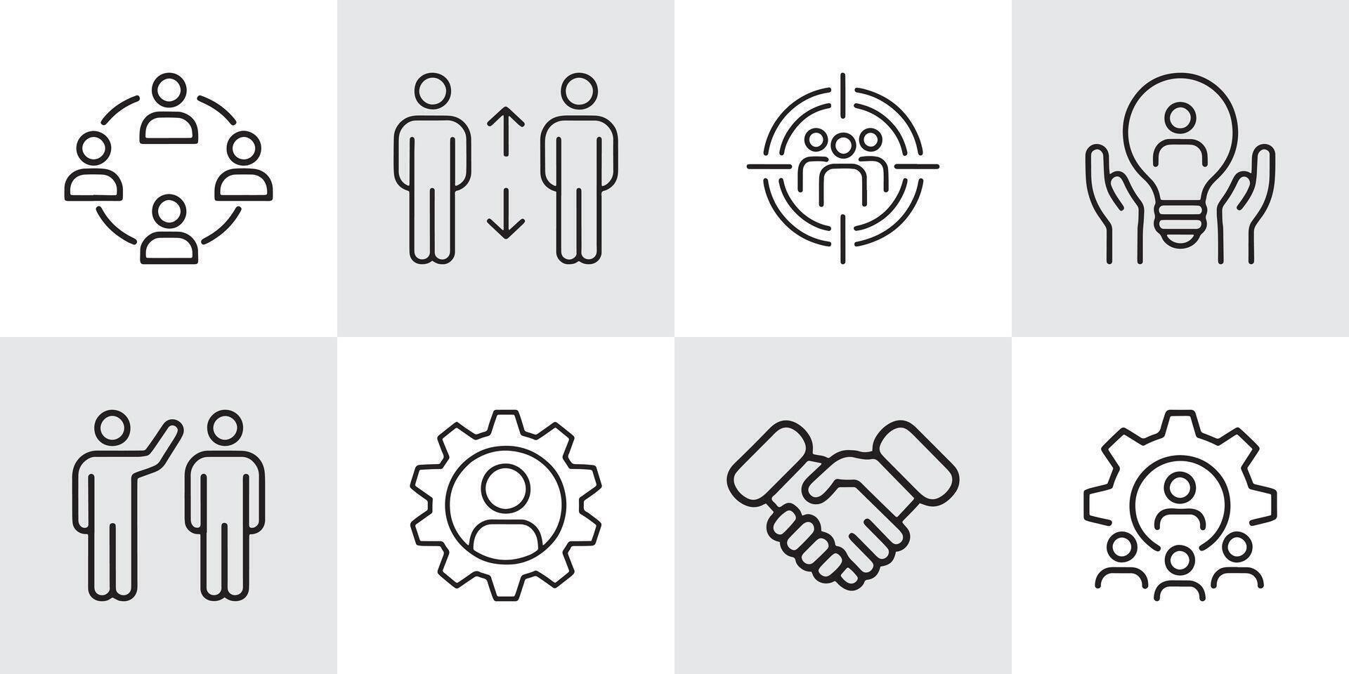 Set of 8 Teamwork and Collaboration Icons Representing Leadership, Communication, Partnership, Innovation, Brainstorming, and Professional Networking vector