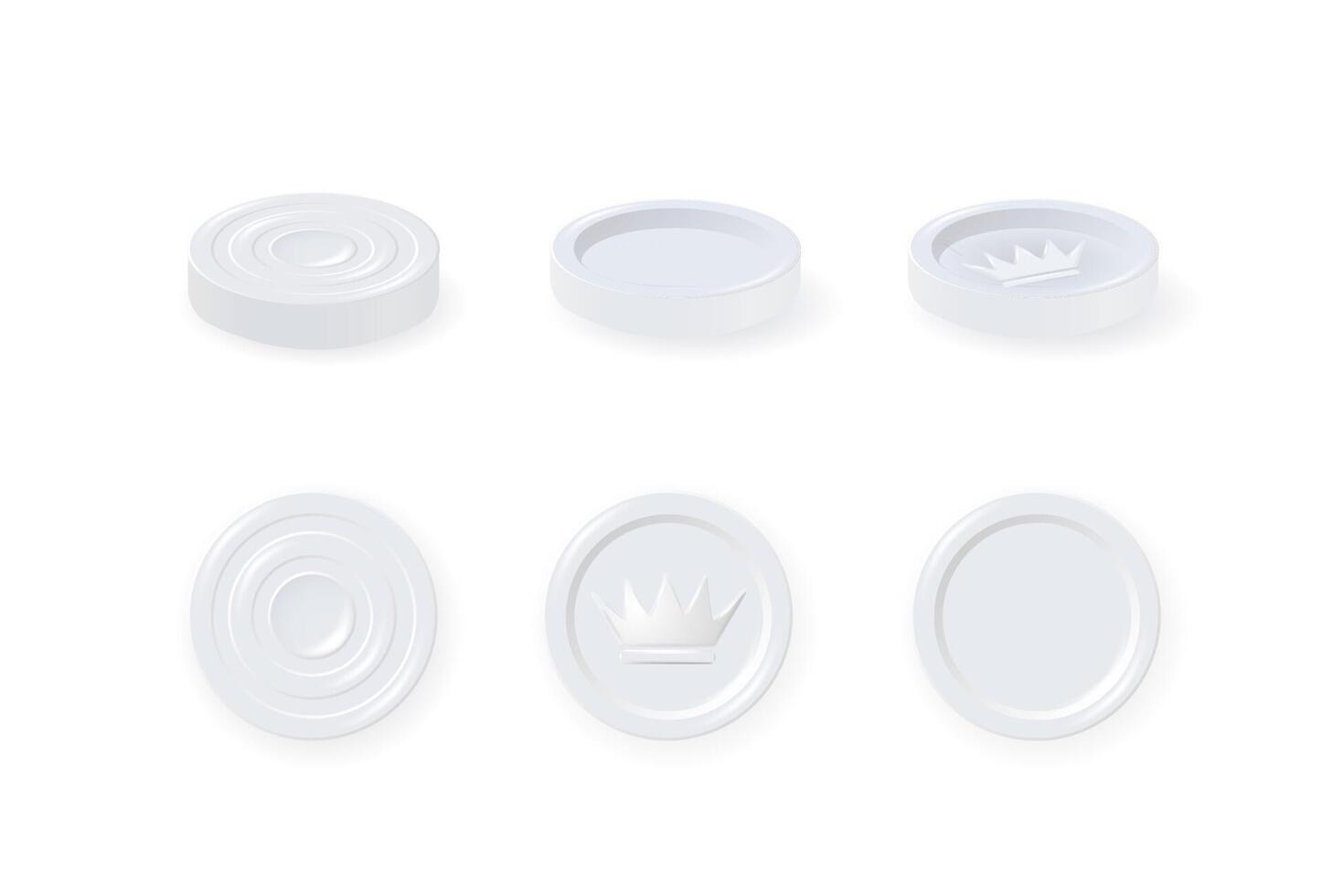 White checkers chips. 3d realistic round badge with circle convex lines on surface and shadow to play on checkerboard. vector