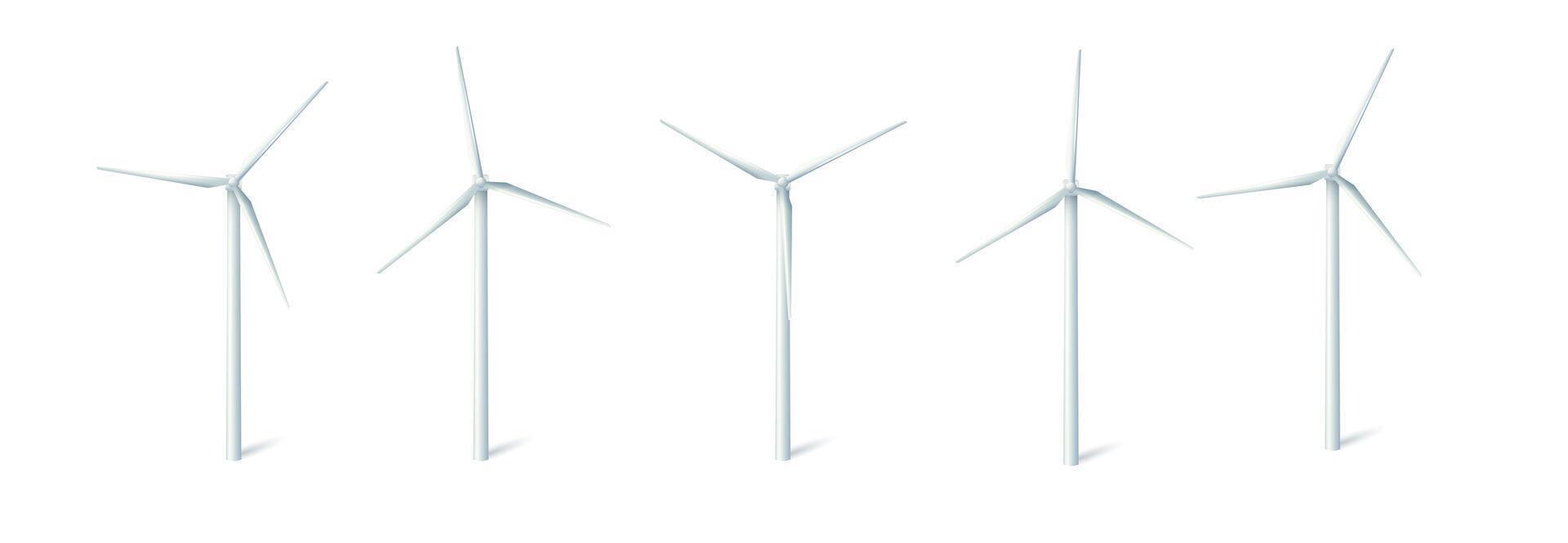 Wind turbines windmills energy power generators. White towers with long vanes for producing alternative eco energy. vector