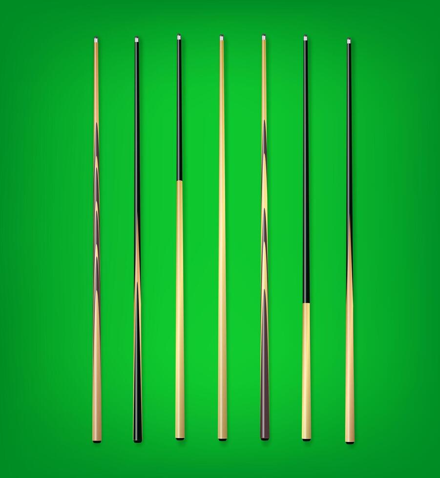 Billiard cues on green background. Snooker sports equipment. Vintage pool cue. vector