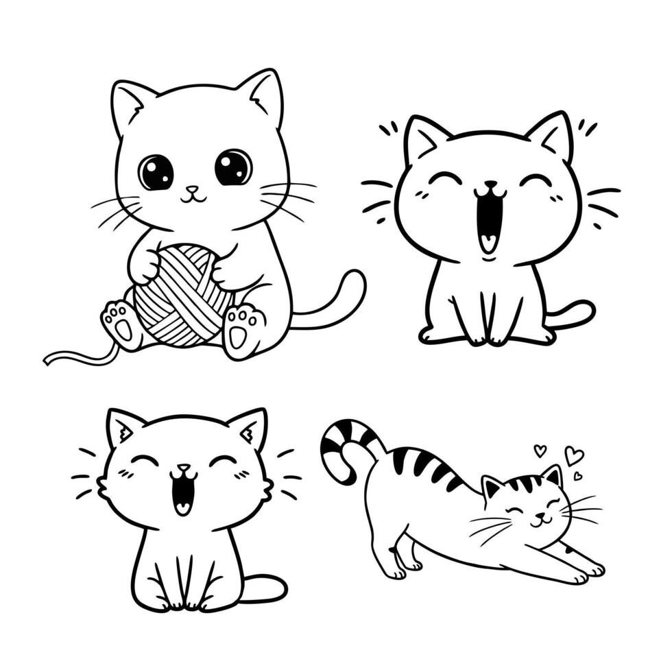 Outline Cute Cat Cartoon Set Illustration Design on White Background vector