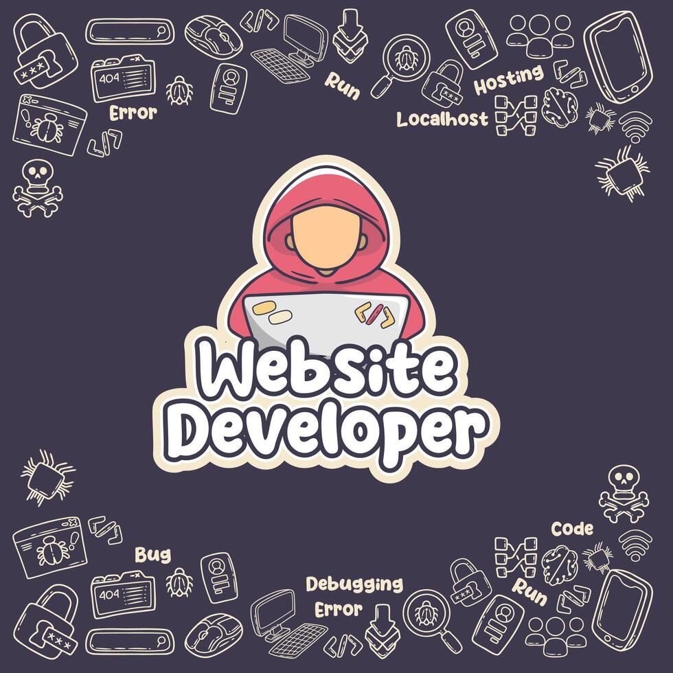 Handdrawn Website Developer Cartoon with Doodle Elements Illustration Design vector