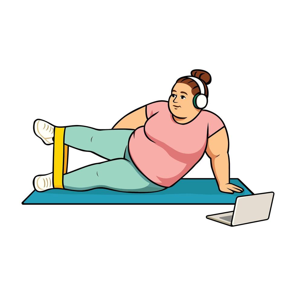 Plus-size woman exercising with a resistance band on a yoga mat while listening to music on her laptop via headphones. vector