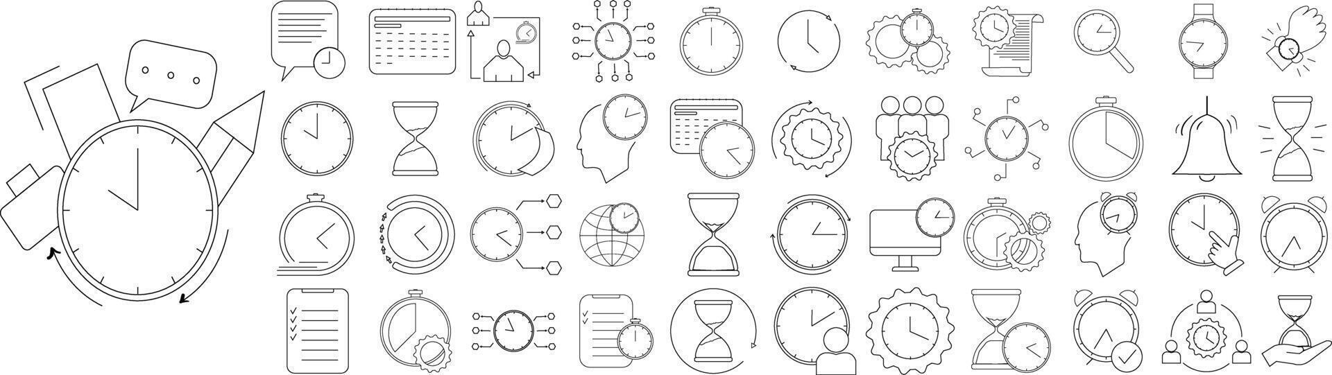 Time Management and Productivity Line Icon Set, Clock, Schedule, Deadline, Stopwatch, Calendar, Timer, Hourglass, Gear vector