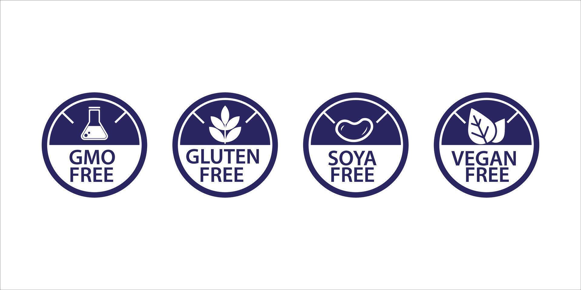 Vegan, Non-GMO, Gluten free, soy free icons set vector