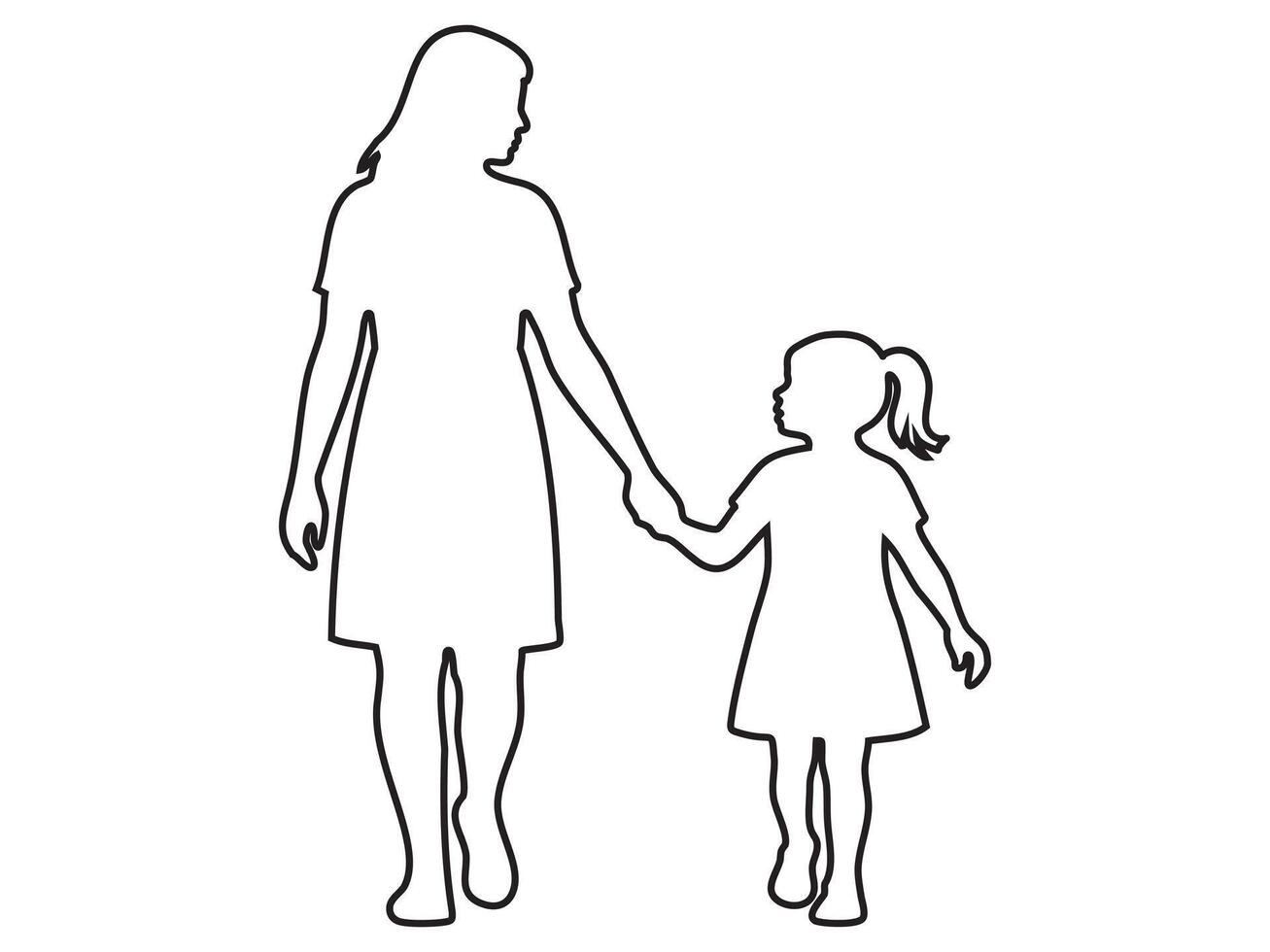 Black outline of woman walking holding hand of child girl, isolated on white background, graphic illustration. concept of family, mother and daughter bond, parenting, design element vector