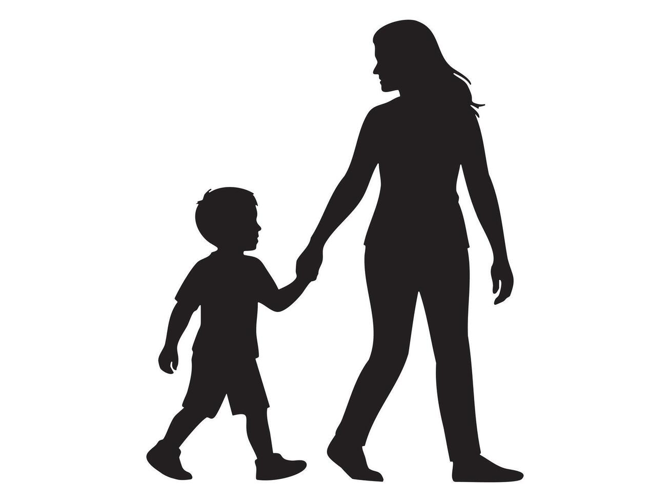 Black Silhouette of woman holding child boy s hand while walking, isolated on white background. concept of family, mother and son, motherhood, parenting, bonding, togetherness, design element. vector