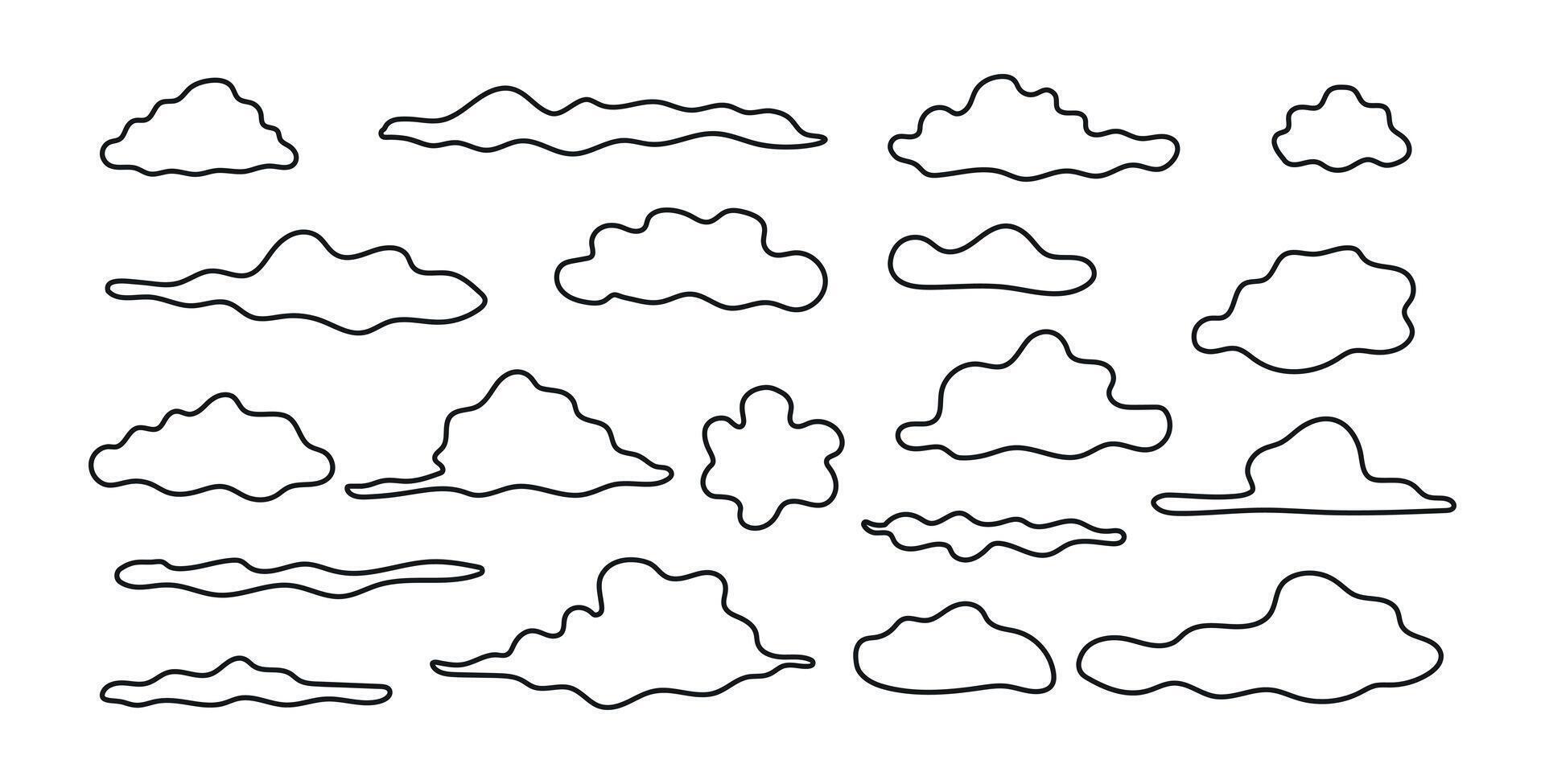 Collection of Black Outline Cloud Shapes on Isolated White Background. Concept of Weather Symbols, Minimalist, Abstract Sky Design, Set Clouds, Graphic Illustration, Nature Elements. ClipArt vector