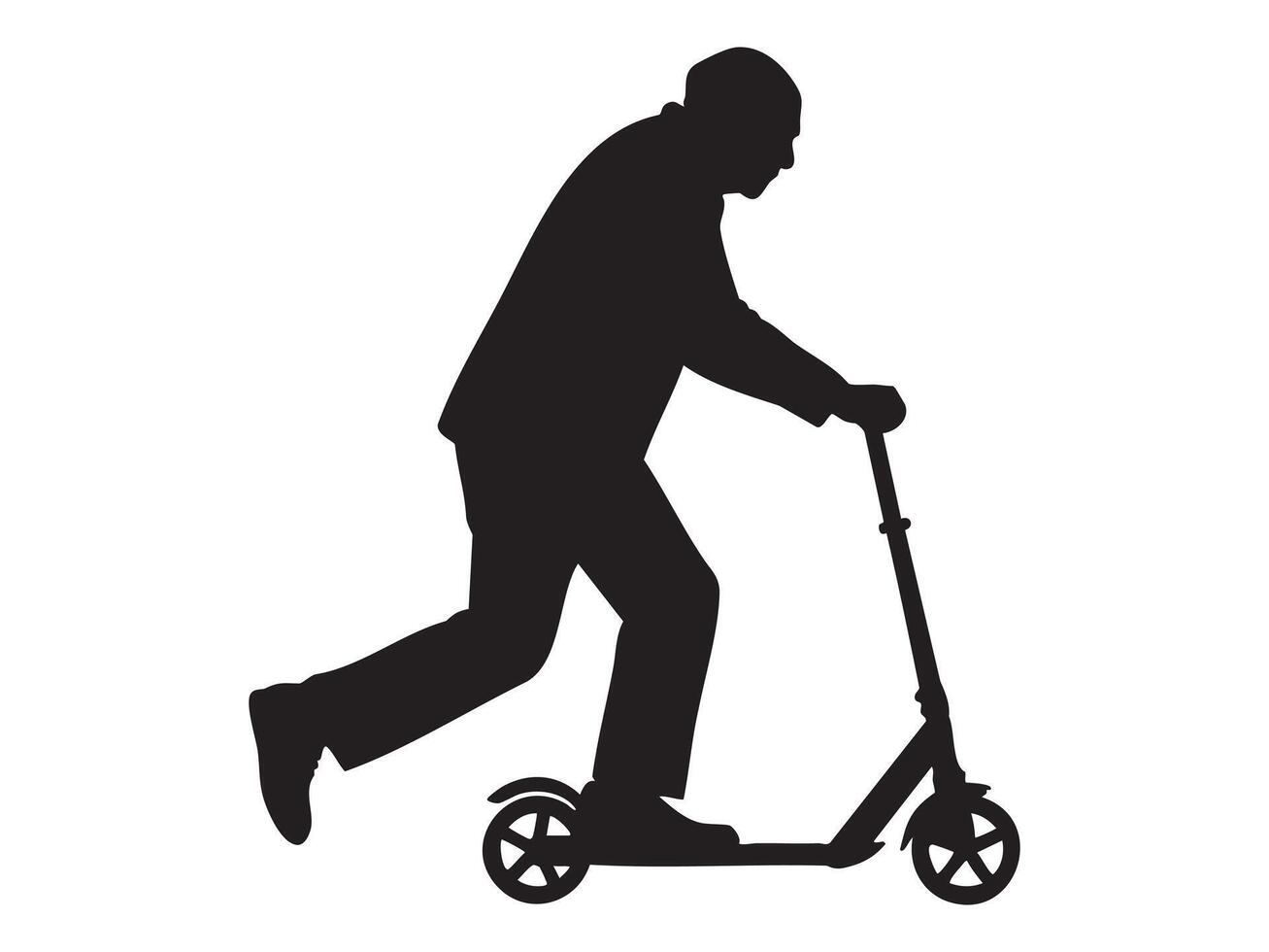 Black Silhouette of an older man riding kick scooter, isolated on white background, graphic illustration. concept of elderly active lifestyle, mobility, urban transport, fun, exercise, recreation vector