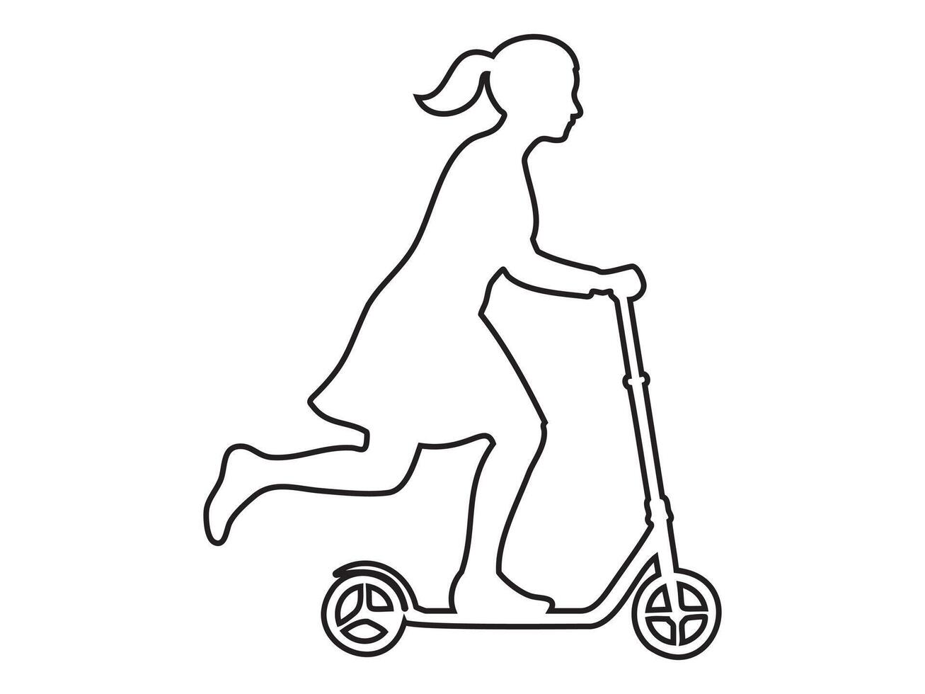 Black outline of a girl teenager riding a kick scooter, isolated on white background, graphic illustration. concept of child, outdoor activity, fun, playtime, exercise, design element vector