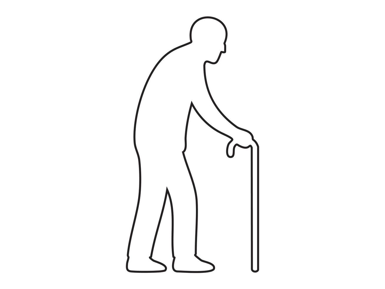 Black outline icon of elderly man walking with cane isolated on white background. Concept of senior adult, aging, retirement life, physical support, graphic illustration, design element vector