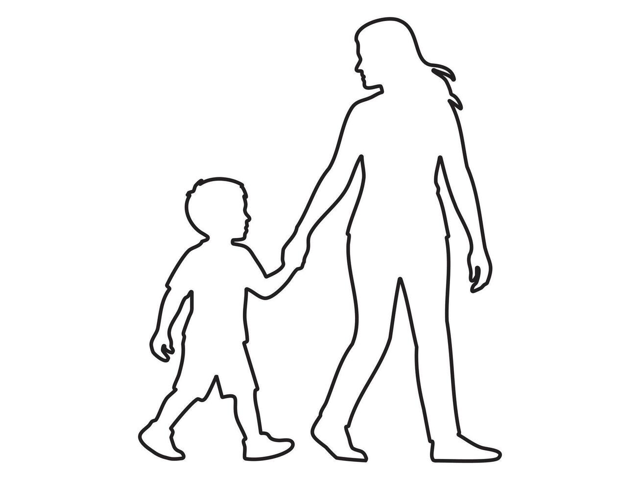 Black outline of woman holding child boy s hand while walking, isolated on white background. concept of family, mother and son, motherhood, parenting, bonding, togetherness, design element. vector