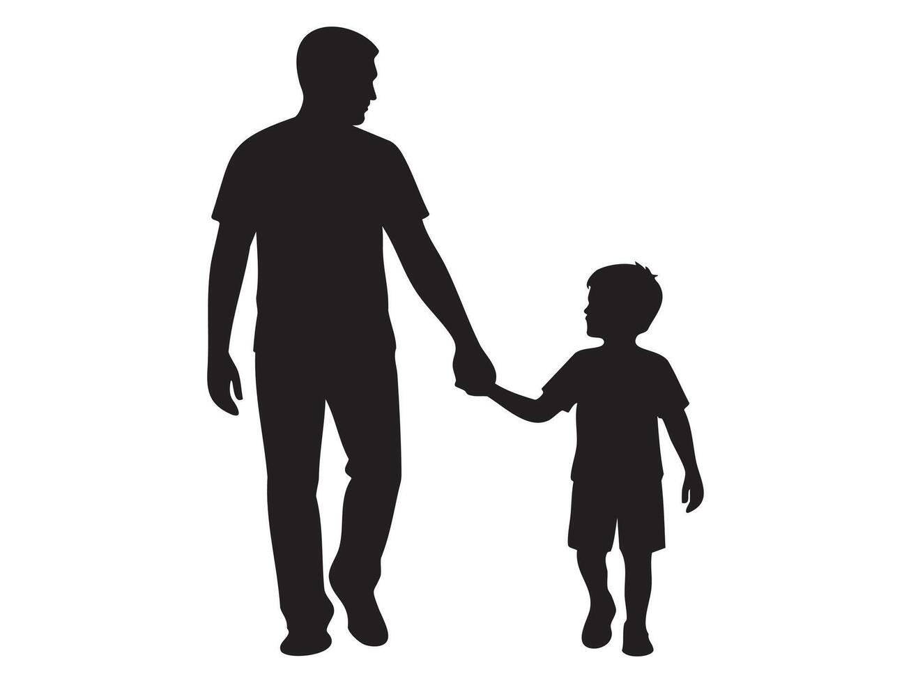 Black silhouette of a man walking with child boy holding hands, isolated on white background, graphic illustration. concept of father and son, family, bond, companionship, design element vector