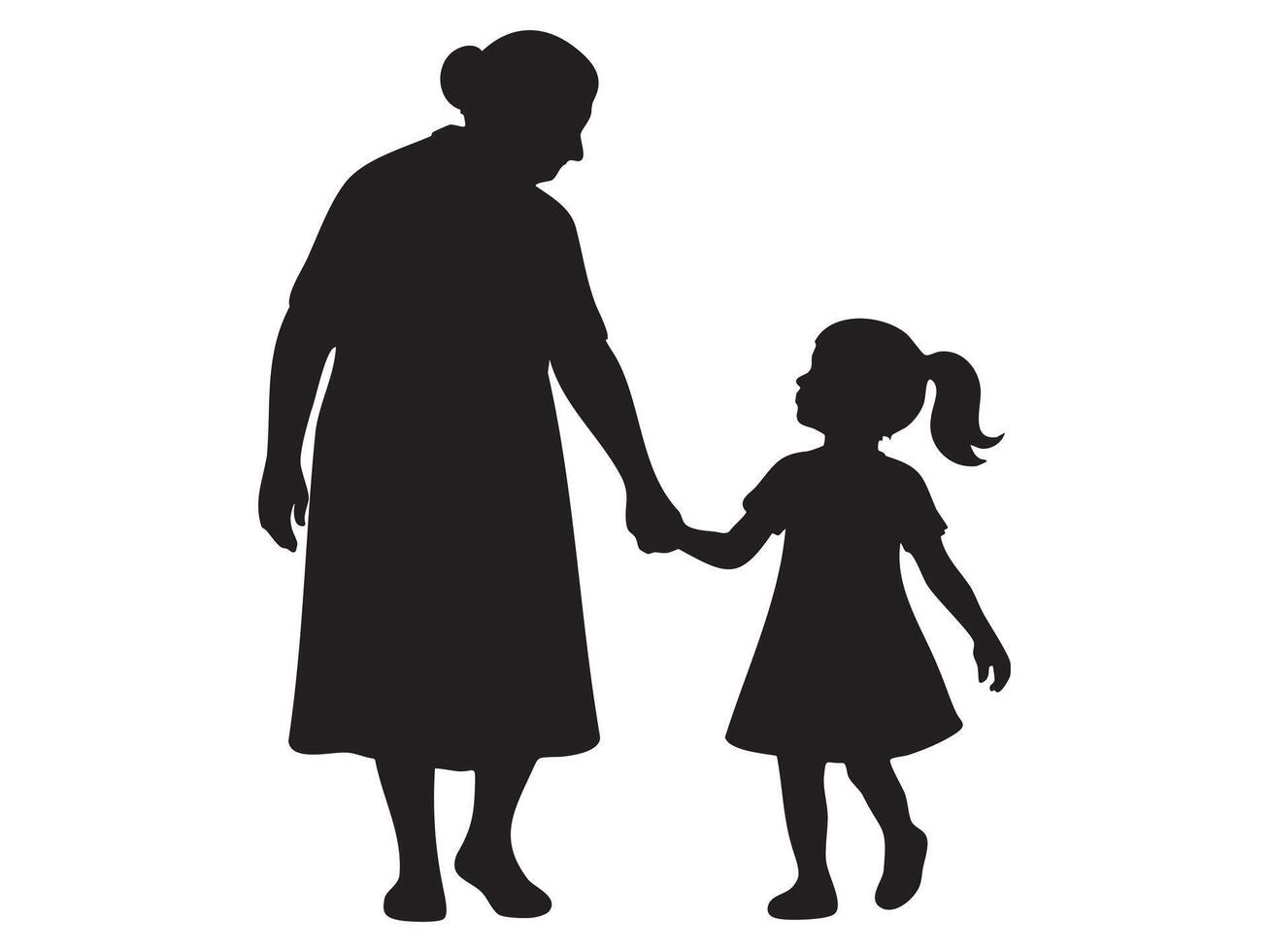 Black silhouette of elderly woman walking hand in hand with child girl, isolated on white background, graphic illustration. concept of family, bond, grandmother and granddaughter, care, aging vector