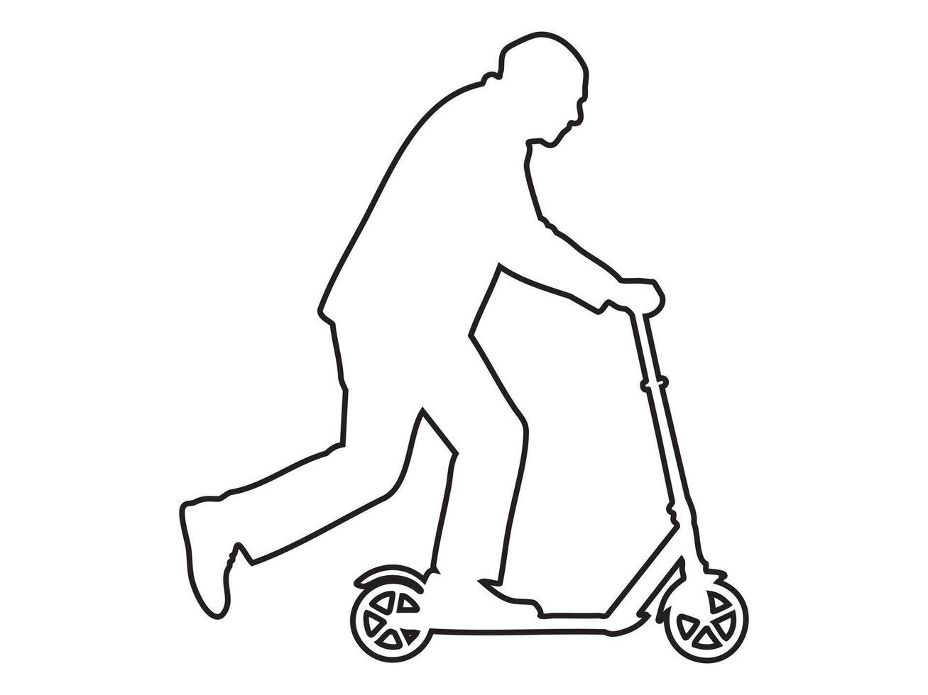 Black outline of an older man riding kick scooter, isolated on white background, graphic illustration. concept of elderly active lifestyle, mobility, urban transport, fun, exercise, recreation vector