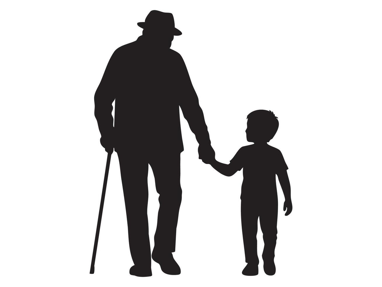 Black silhouette of an elderly man with a cane walking with child boy holding hands, isolated on white background, illustration. concept of family, generations, bond, care, grandfather and grandson vector