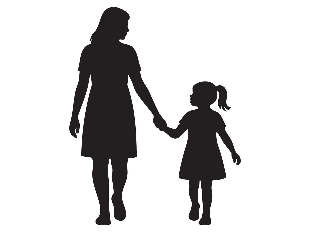 Black silhouette of woman walking holding hand of child girl, isolated on white background, graphic illustration. concept of family, mother and daughter bond, parenting, design element vector
