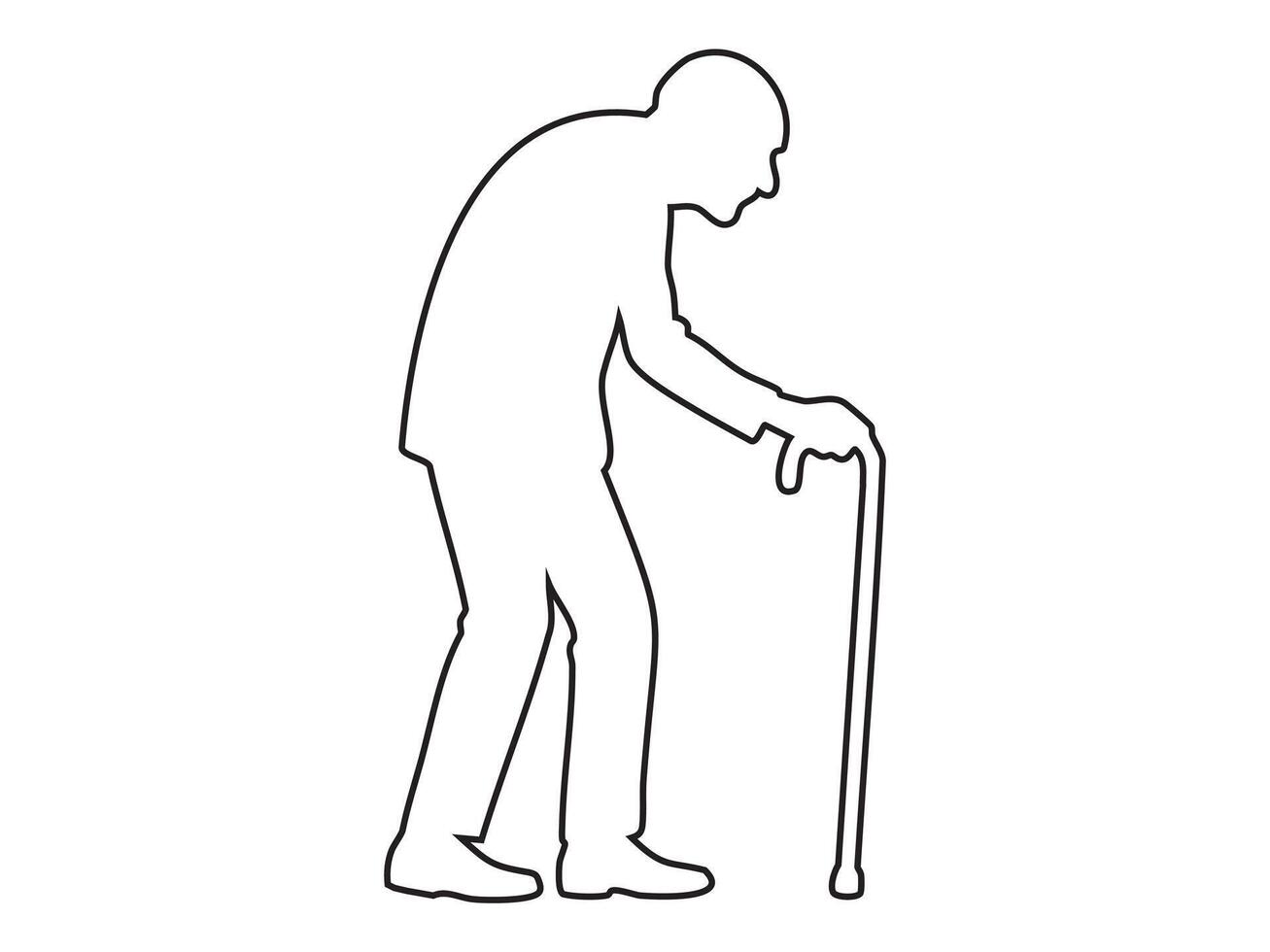 Black outline icon of very old man hunched over with cane isolated on white background. Concept of extreme old age, limited mobility, elderly care, fragile senior life, illustration, design element vector