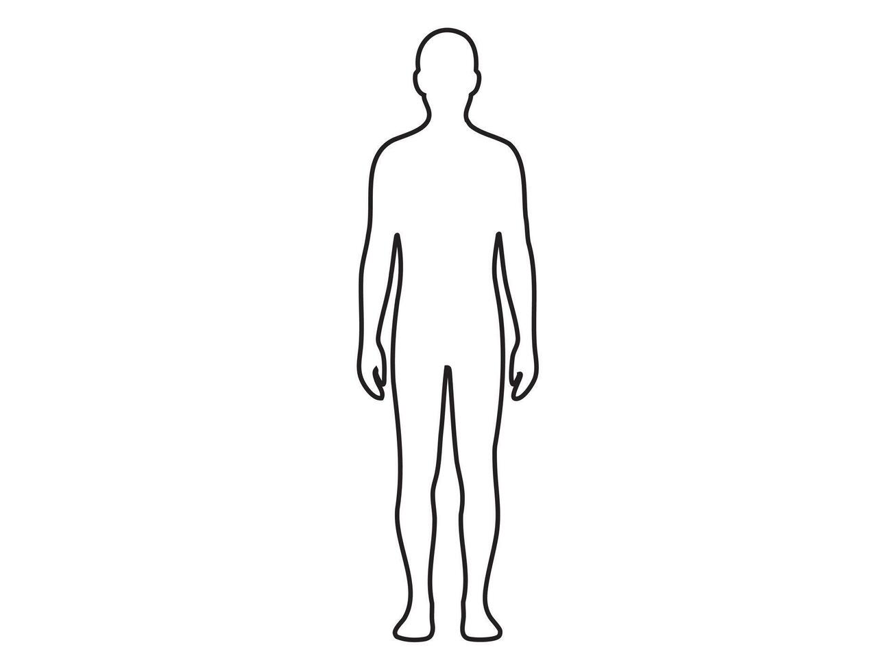 Minimal black outline icon of standing adult man front view isolated on white background. Concept of human body shape, anatomy figure, generic male symbol, medical diagram vector