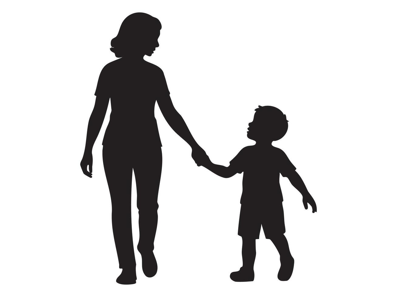 Black silhouette of a woman walking with a child boy, isolated on white background, graphic illustration. concept of parent, mother and son, family bond, caring, motherhood, design element vector