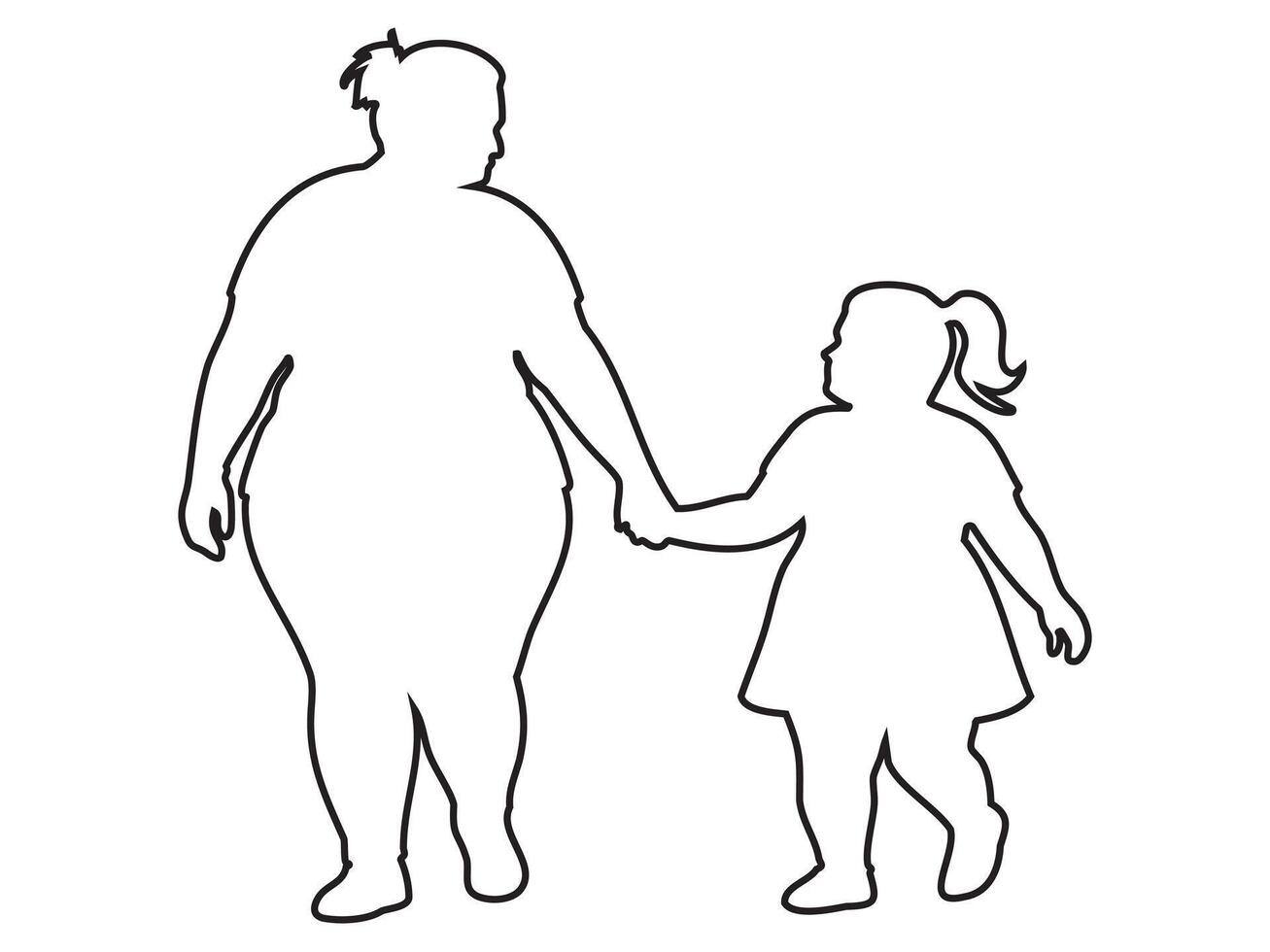 Black outline of an overweight woman holding hands with child girl, isolated on white background, graphic illustration. concept of family, friendship, parenting, connection, mother and daughter vector