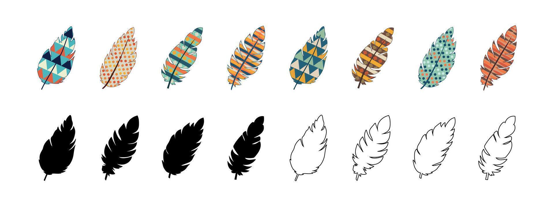 Set of Feathers in Different Styles Colorful, Black Silhouette, Outline. Collection of Artistic Bird Feathers with Geometric and Abstract Patterns. Concept of Boho, Nature Art, Graphic Clipart, Design vector
