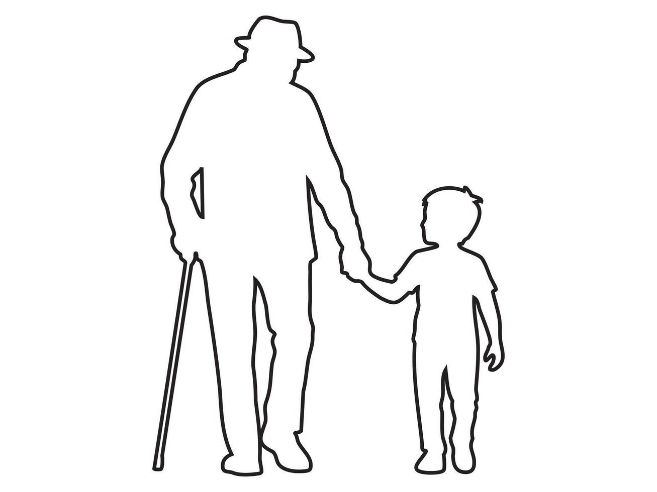 Black outline of an elderly man with a cane walking with child boy holding hands, isolated on white background, illustration. concept of family, generations, bond, care, grandfather and grandson vector
