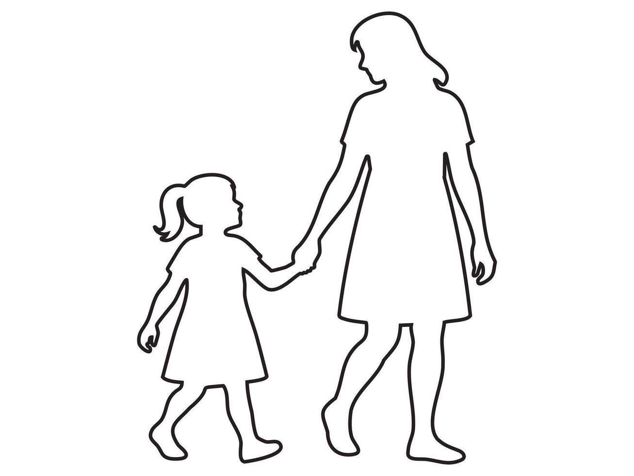 Black outline of woman walking hand in hand with child girl, isolated on white background, graphic illustration. concept of family, mother and daughter, bond, parenting, design element vector