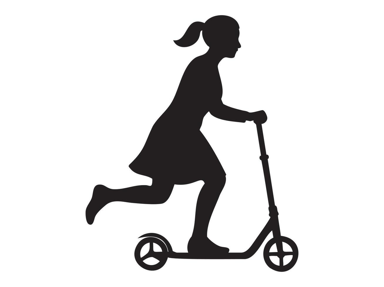 Black silhouette of a girl teenager riding a kick scooter, isolated on white background, graphic illustration. concept of child, outdoor activity, fun, playtime, exercise, design element vector
