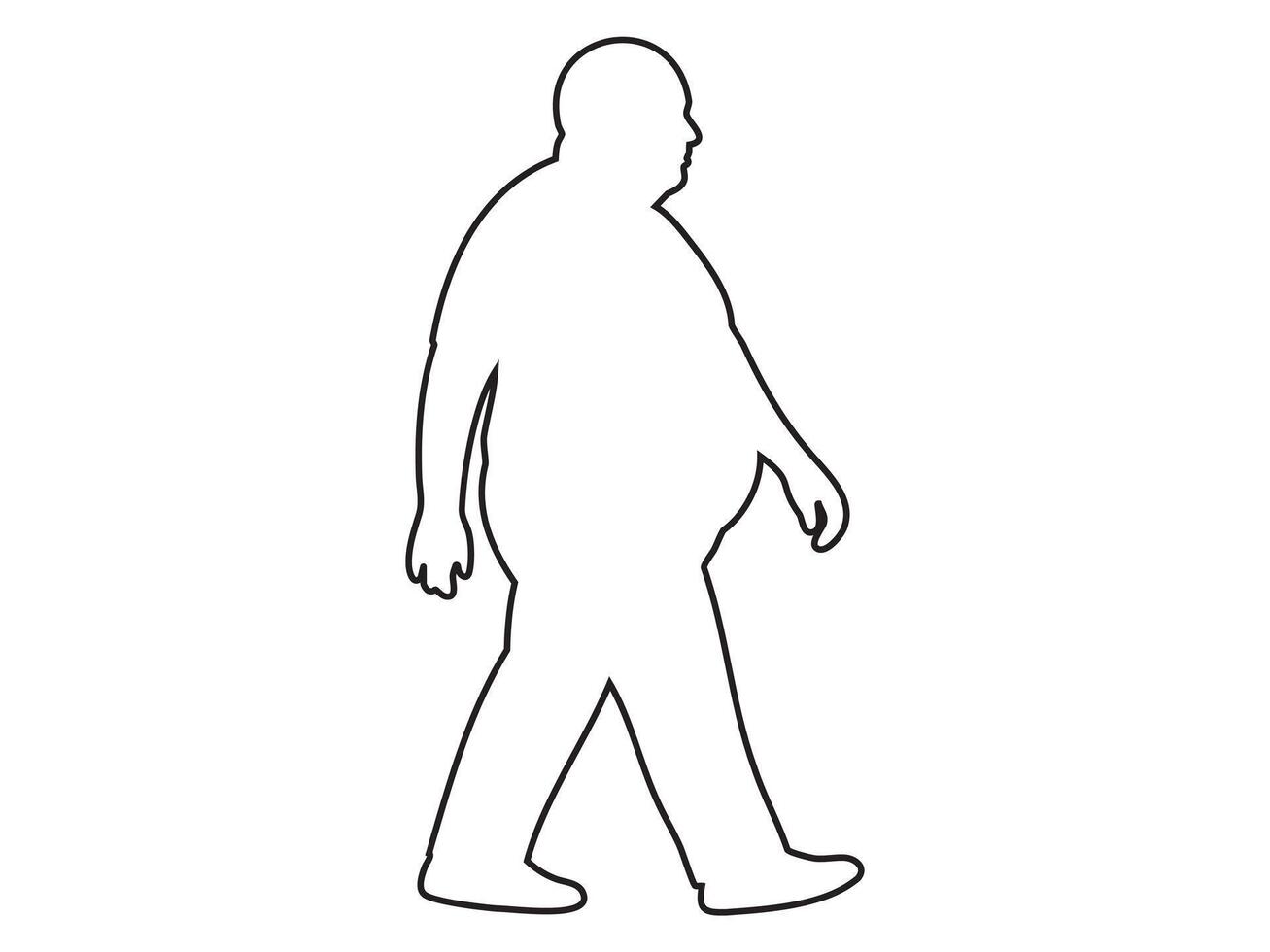 Black outline icon of overweight middle aged man walking isolated on white background. Concept of aging, mature adult male, body diversity, human figure, design element, minimalist style, motion vector