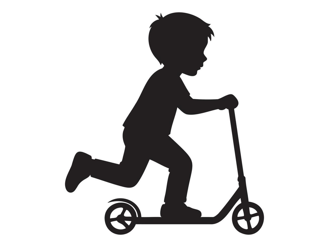 Black silhouette of a boy riding a kick scooter isolated on white background, graphic illustration. concept of child, outdoor play, boyhood adventure, fun, active lifestyle vector