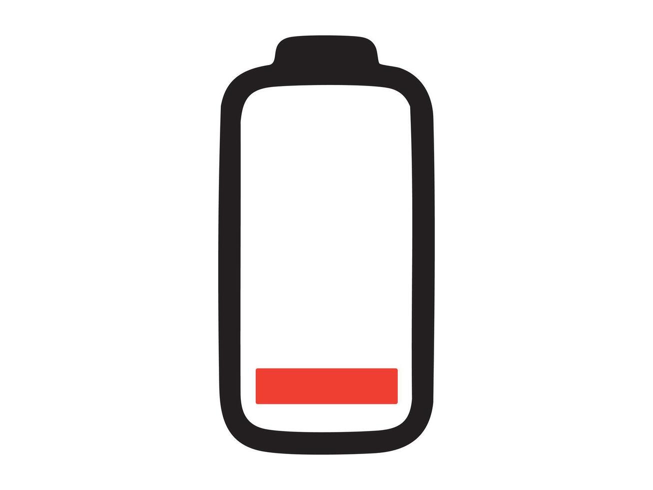Graphic illustration of a battery icon showing low charge level in black and red, isolated on white background. concept of energy, power status, icon, logo, charging, design element vector