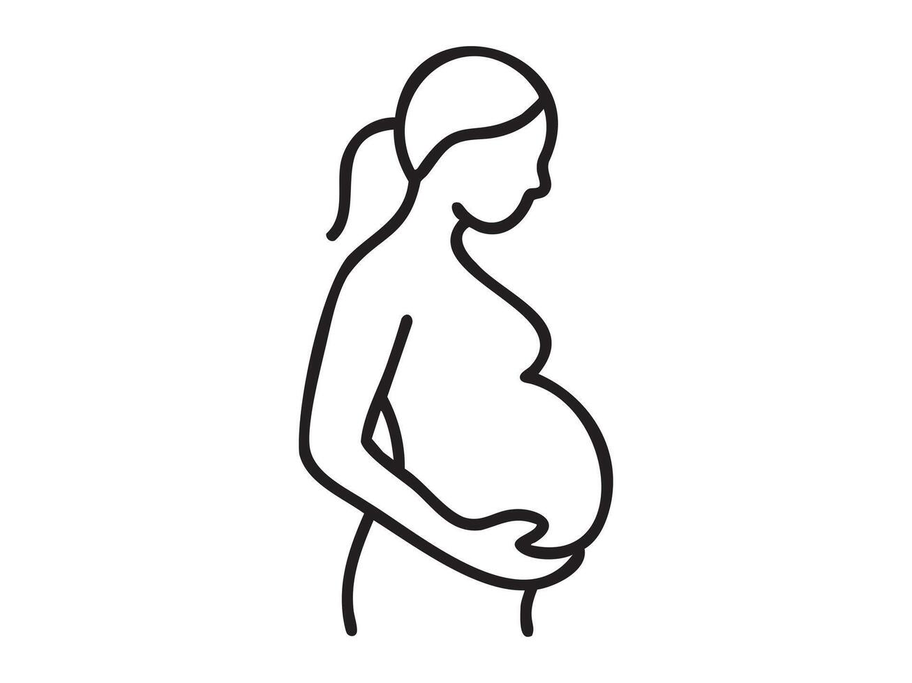 Black Outline of pregnant woman in side view, isolated on white background, black and white sketch. concept of maternity, motherhood, expecting mother, female silhouette, design element vector