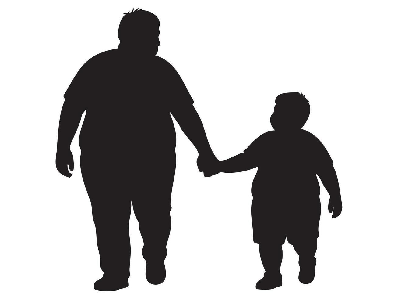 Black silhouette of an overweight man walking with child boy hand in hand, isolated on white background. concept of family, bonding, parenthood, father and son relationship, design element vector