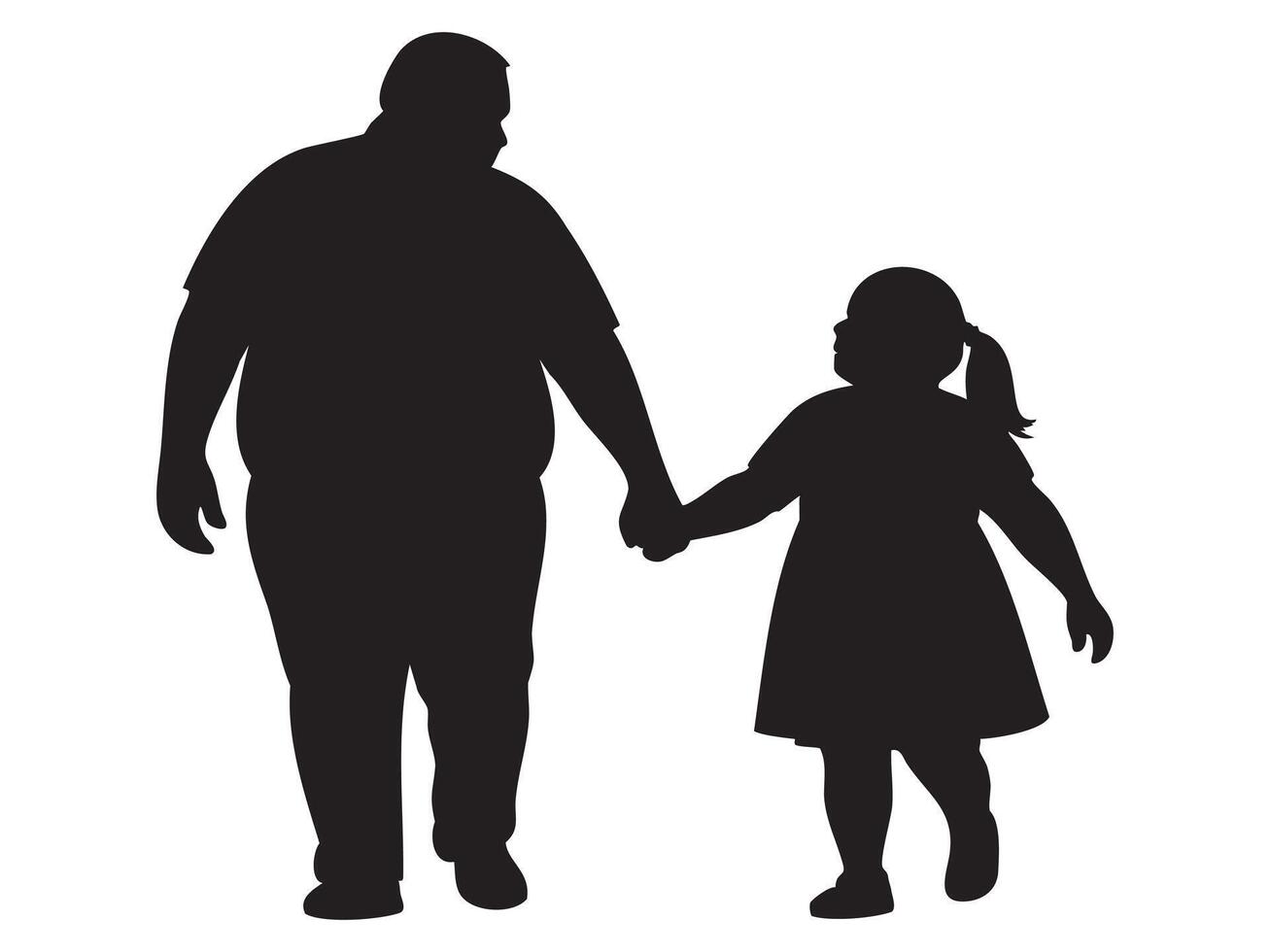 Black silhouette of an overweight man walking hand in hand with child girl, isolated on white background, illustration. concept of family, fatherhood, bonding, father and daughter, togetherness vector